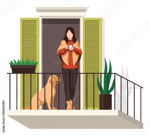 Woman with dog on balcony. Home lifestyle scene, person holding cup standing, morning break and relaxation. Cozy leisure house facade or terrace vector cartoon flat style isolated illustration