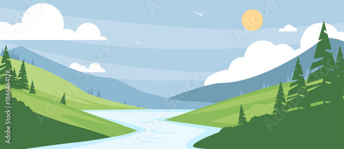 Summer nature landscape. Green simple background with fields, hills, river and trees, flat style panoramic horizontal banner, natural scene, forest panorama qualitative vector concept