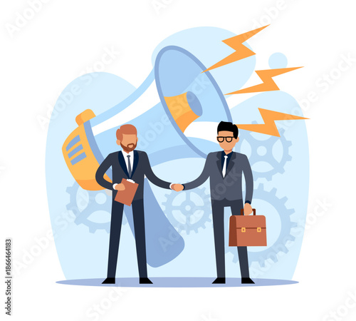 Marketing relations. Customer relationship strategy, businessmen shaking hands, loud megaphone advertising, collaboration and partnership, cartoon flat style isolated vector concept