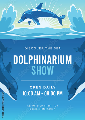 Dolphinarium performance invitation. Dolphins underwater show program, trained marine animals entertainment show, performing tricks, poster design, tidy vector cartoon flat concept