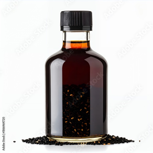 Dark liquid and black seeds showcased in a sleek glass bottle on white background