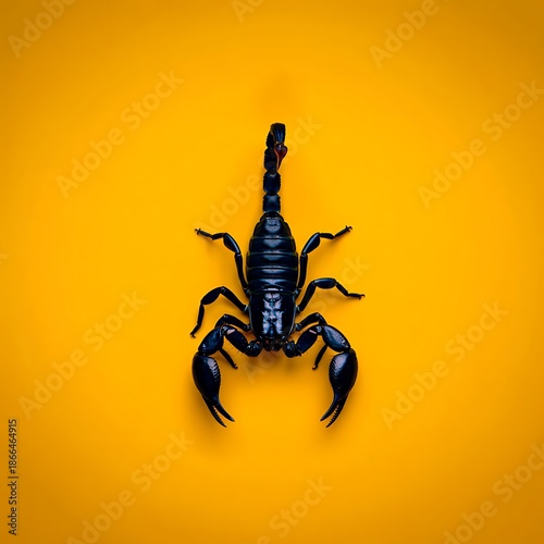 Black scorpion on yellow background with its tail up high facing forward looking scary