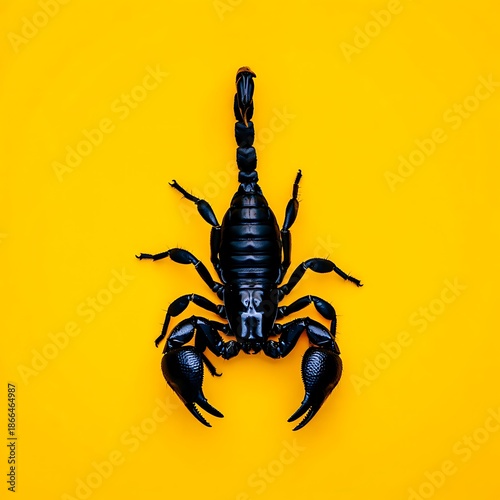 Black scorpion on bright yellow background with pincer claws and tail up