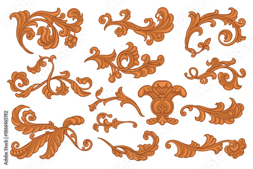 Baroque scrolls. Vintage ornaments elements, retro decorations, victorian filigree curls, flourish elegant wooden design, monochrome corner or border, engraving dividers splendid vector set
