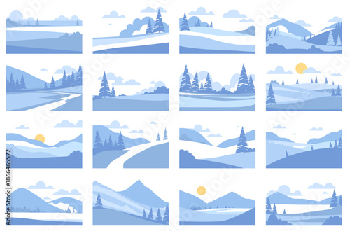 Winter simple landscapes. Cold nature backgrounds, snowy expenses with snowdrifts, blue trees, mountains, hills and rivers, seasonal scenery qualitative minimalistic backgrounds vector set