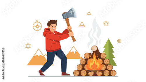 Lumberjack Chopping Wood For Campfire At Forest On Bright Sunny Day