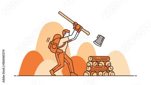 Lumberjack Chopping Wood With Axe Illustration For Outdoors Activity Concept