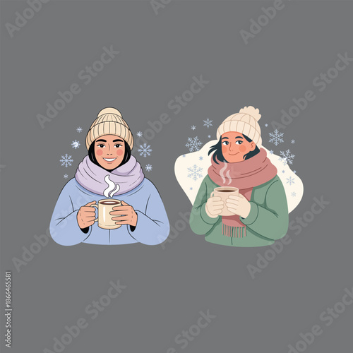 Cozy Winter Characters Holding Hot Drink – Cute Winter People Vector Icons Set