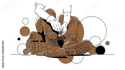 Lacing Boots Before Outdoor Adventure Preparation Gear Illustration Style Minimalist