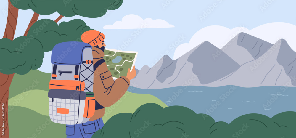 Fototapeta premium Traveler enjoying view. Male hiker with backpack and map, finding right path, tourist in gear, mountain landscape, tourism adventures in forest, garish vector cartoon isolated concept