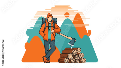 Lumberjack Vector Illustration With An Axe In A Mountainous Landscape