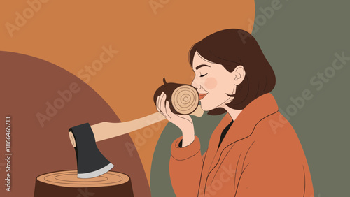 Lumberjack Woman Smelling Fresh Cut Wood Enjoying Outdoors Lifestyle