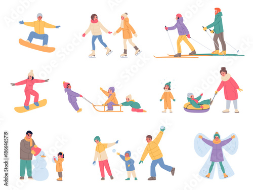 Winter entertainment. Seasonal outdoor games and walks, people in warm clothes skiing and skating, children sledding, making snowman, classy vector cartoon isolated seasonal leisure set