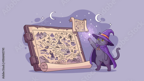 Magical Feline Guide: A Wizard Cat Unveiling Ancient Geographic Mysteries On A Vintage Chart