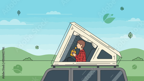 Leisurely Camping Escape Man Relaxing In Roof Top Tent Adventure Trip