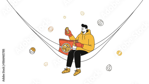 Leisurely Moment Of A Man In Hammock Enjoying Snack Time With Chips