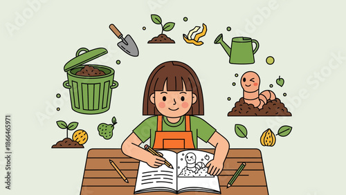 Little Girl Enjoys Drawing Organic Composting Illustrations At Her Wooden Desk