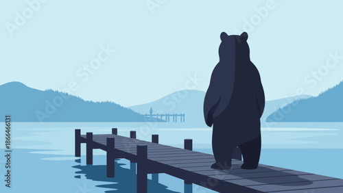 Lonely Bear Standing On A Wooden Dock Contemplating The Mountain Scenery