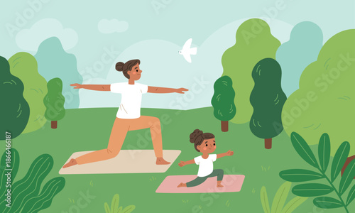 Mom and daughter do yoga. Happy mother with child do gymnastics in nature, children sports education, harmony, health, mindful balance exercises, wellness outdoors, garish vector concept