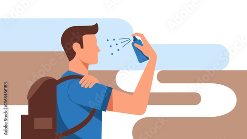 Man Applying Insect Repellent On A Hike For Outdoor Protection Against Bugs