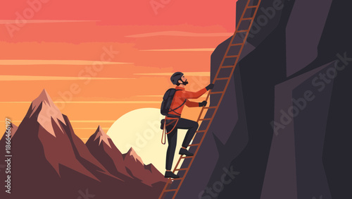 Man Ascending Rock Using Ladder During Sunset Adventure Reaching Heights Concept