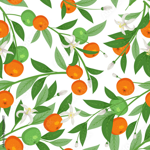 Mandarin fruit seamless pattern. Ripe tangerines on flowering branches, repeated orange citruses, sweet tangerines on textile, wrapping paper, wallpaper. Print for fabric tidy vector background