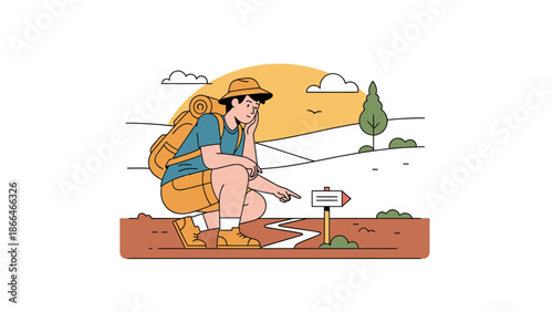 Lost Hiker Deciding Which Way To Go In Nature Landscape Illustration