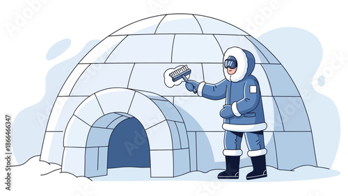 Man Builds Igloo Blocks In An Arctic Landscape On A Cold Winter Day