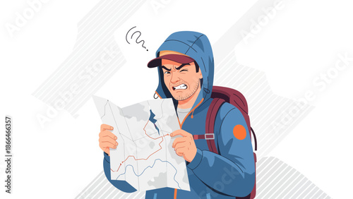 Lost Hiker Frustrated By Torn Map While Exploring Outdoors Adventure