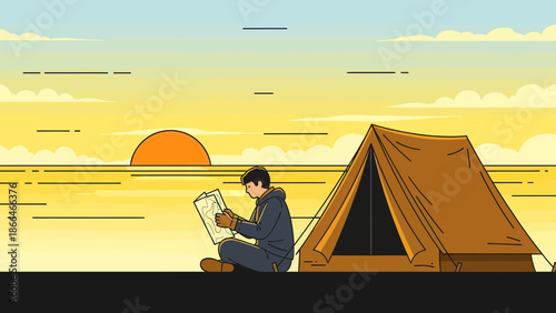 Man Camping At Sunset Reading A Map Near A Tent Illustration