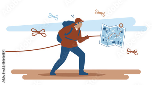 Lost Hiker Navigating With A Map Across Unfamiliar Territory Illustration