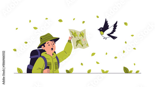 Lost Hiker With Map Looks At Bird Flying By In Nature Scene