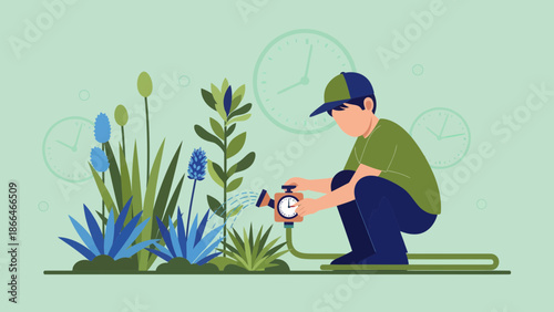 Man Carefully Watering Plants With Clock Sprinkler In Garden Time Management