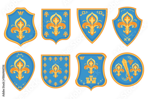 Heraldic lily emblems. Royal power symbol, different shapes shields, vintage arms coats, fleur de lis with crown, honor, nobility, medieval identity splendid vector isolated isolated set