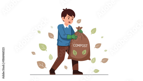 Man Carries Heavy Compost Sack For Recycling Organic Waste In The Garden
