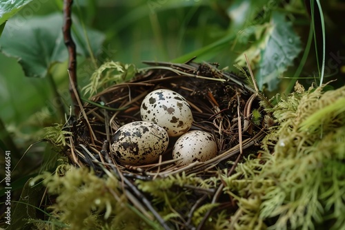 Three speckled eggs rest in a bird's nest nestled amongst vibrant green moss in a natural habitat
