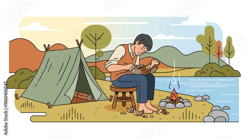 Man Carving Wood At Lakeside Campground During Camping Trip Recreation Concept