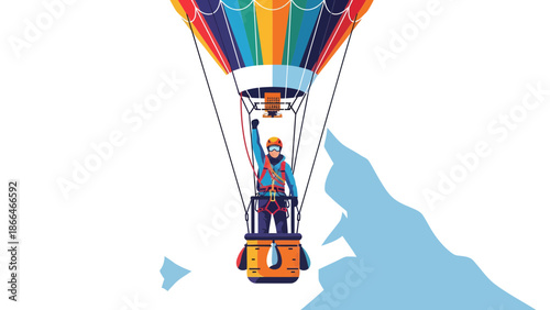 Man Celebrating On Hot Air Balloon Ride Over Snowy Mountains Vector Illustration