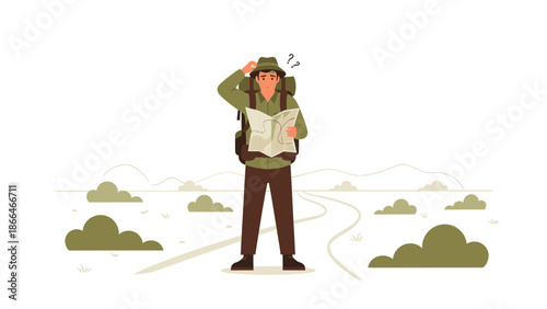 Lost Traveler Consulting A Map On Rural Route During An Outdoor Excursion