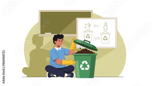 Man Composting Organic Waste In Green Bin For Recycling Process Illustration