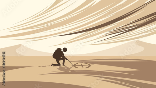 Lost Traveler Marks Map Symbol On Desert Sand Seeking Direction And Guidance
