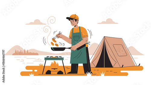Man Cooking Food On A Portable Grill While Camping Adventure Outdoors