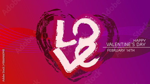 Happy valentine's day banner with love lettering and brush stroke heart on purple and red gradient background. Vector illustration
