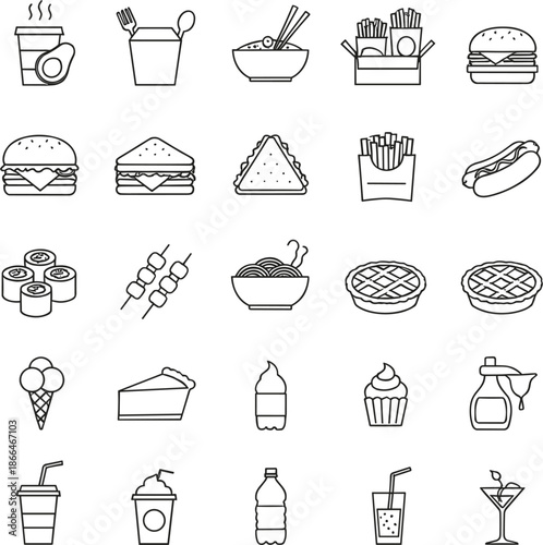 Fast food and dessert line icons set featuring takeout boxes sushi sandwiches burgers ice cream and cold beverages.