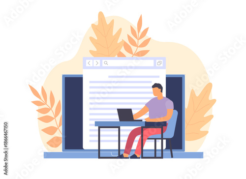 Copywriting. Content marketing, online advertising, guy with laptop writes articles, document on computer screen, writer or journalist, typing and editing text, vector cartoon concept