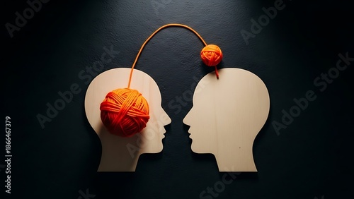 Wooden head silhouettes connected by an orange yarn symbolizing communication and shared thought processes