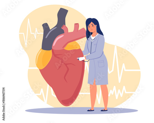 Cardiology clinic. Inpatient department, tiny female cardiologist doctor listens to big heart, examination in hospital, prevention and treatment, vector cartoon isolated healthcare concept