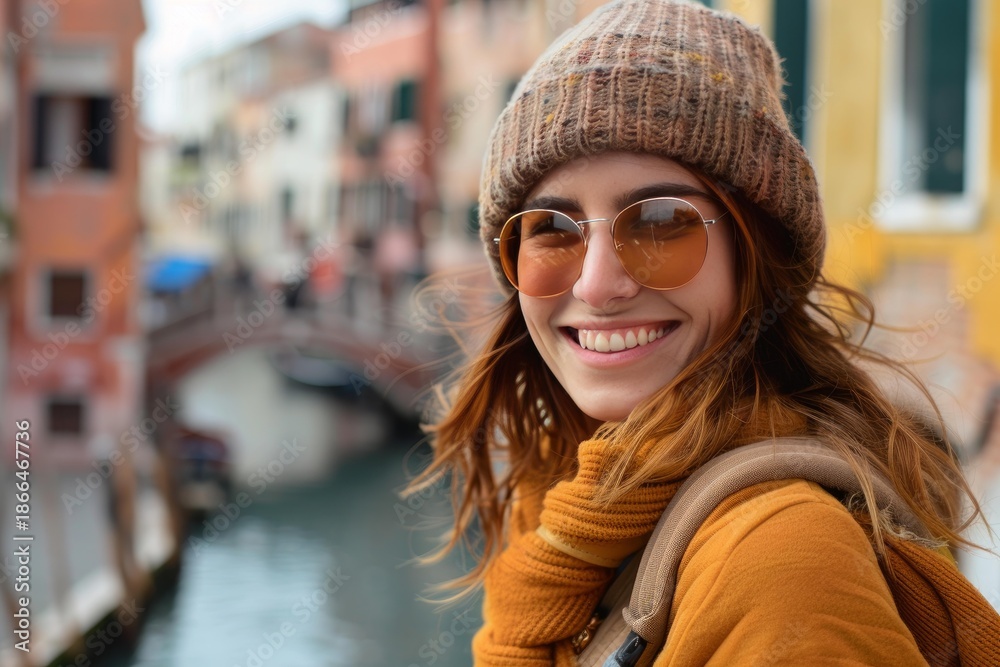 Fototapeta premium Young woman tourist wearing sunglasses and winter clothes smiling in venice, italy with rialto bridge and gondolas in background