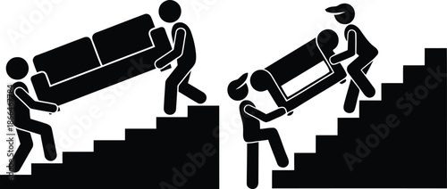 People carrying heavy furniture up stairs