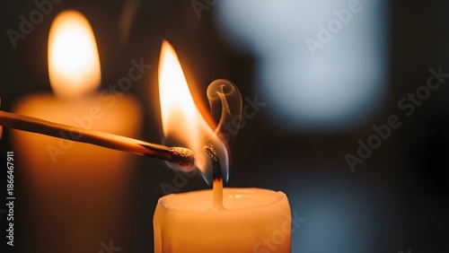 Close-up shot of a match igniting a candle's wick, with another candle in soft focus
